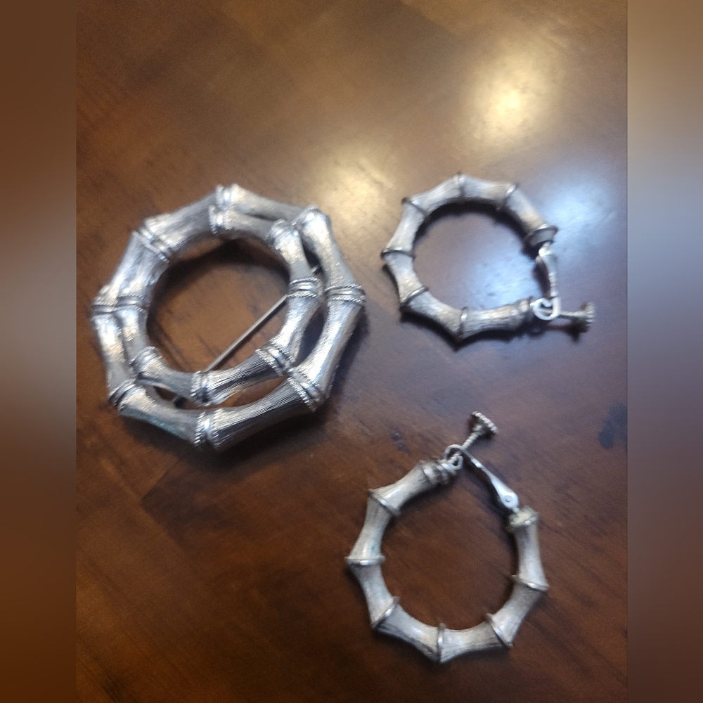 Silver tone Bamboo Hoop Earrings and Brooch Set
